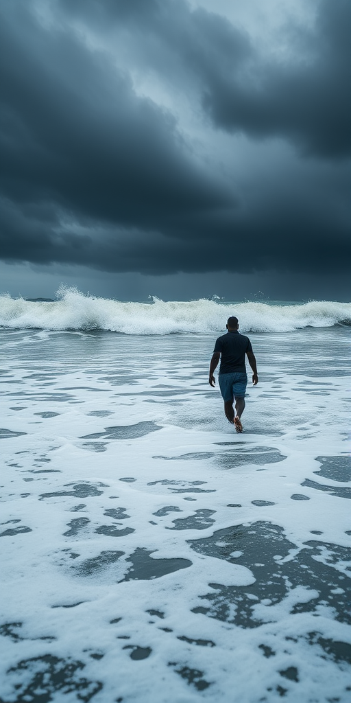 A serene and dramatic scene of a figure walking on turbulent waves, capturing the contrast between the calmness of the figure and the chaos of the ocean, with dark storm clouds overhead, high dynamic range imaging, using a full-frame DSLR camera with a 50mm lens, aperture set to f/2.8, ISO 100, shutter speed 1/500s, shot from a low angle to emphasize the height of the waves and the dramatic sky.