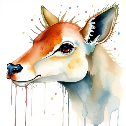 (animal) with muted colors, water color wet on wet, drips, white paper.