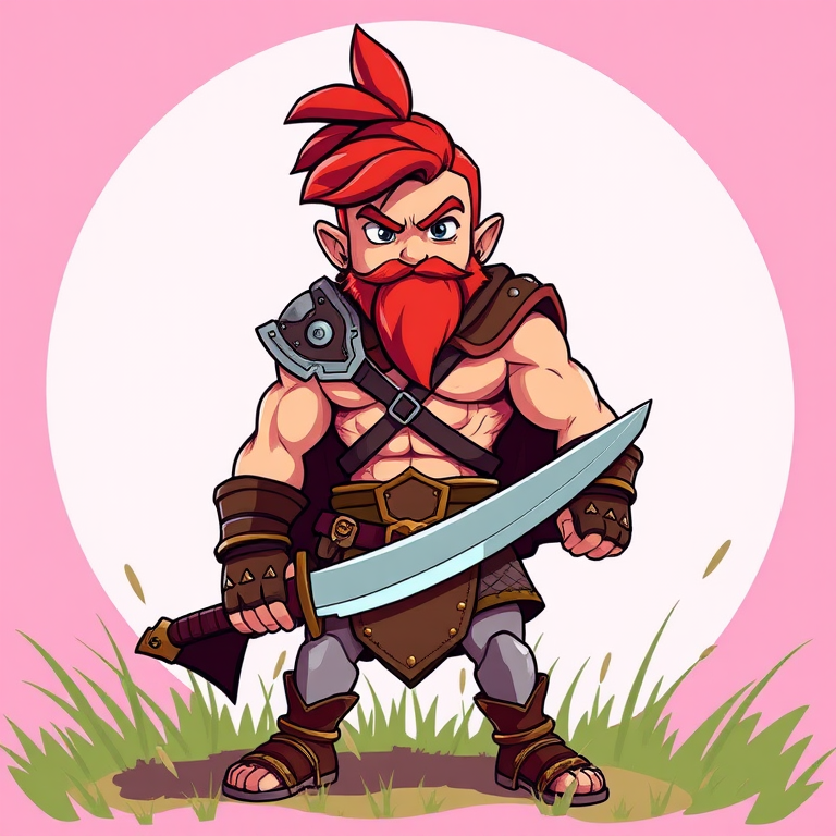 Create a vibrant cartoon character illustration of a muscular warrior with red hair and a sword, set against a pink background with grass, using a DSLR camera with a 50mm lens, f/1.8 aperture, ISO 100, centered composition, and bright, saturated colors for enhanced image quality.