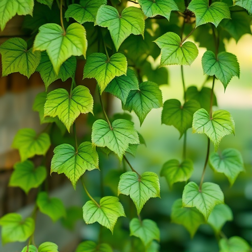Create an illustration of a flowing green vine with detailed leaves in a vector style, use a 50mm lens, f/8 aperture, ISO 100, with a shallow depth of field and soft natural lighting, high-resolution digital image.