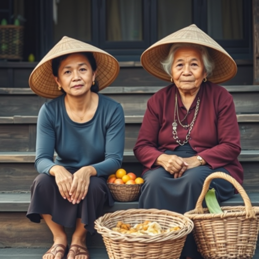 portrait of a young woman and an elderly woman wearing traditional conical hats, sitting on wooden steps with baskets of food beside them, natural light, shallow depth of field, camera settings: ISO 200, f/2.8, 1/200s, Canon EOS R, 50mm lens, warm color grading, soft shadows, candid shot