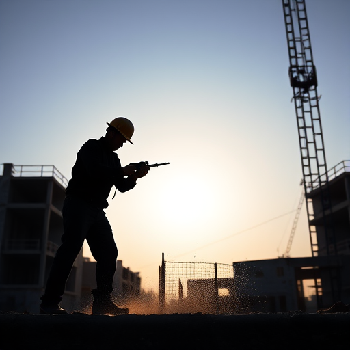 A silhouette of a construction worker using a jackhammer on a building site, shot from a low angle with a 50mm lens, f/2.8 aperture, ISO 100, and natural lighting for enhanced contrast and clarity.