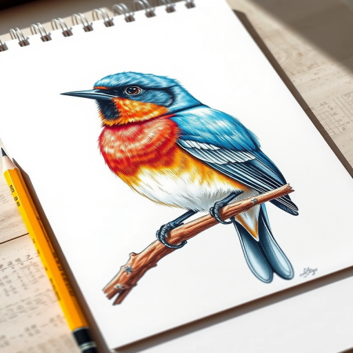 Create a highly detailed and vibrant illustration of a bird perched on a branch, on a sketchpad with a yellow pencil beside it, using a DSLR camera with a 50mm lens, f/2.8 aperture, 1/125 shutter speed, in natural light, with a focus on sharpness and clarity.