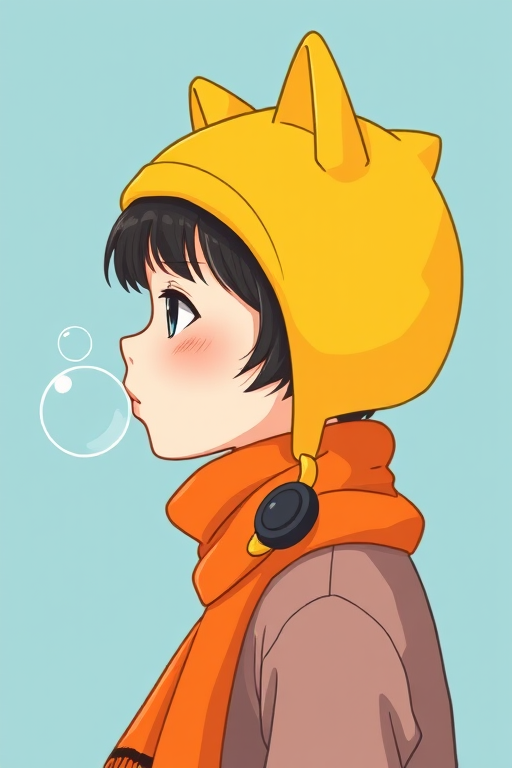 regenerate an illustration of a girl in profile wearing a yellow cat-ear hat and an orange scarf, blowing a bubble, with a solid light blue background, using a Canon EOS 5D Mark IV, aperture f/2.8, shutter speed 1/125s, ISO 100, soft focus style, and vibrant color enhancement techniques