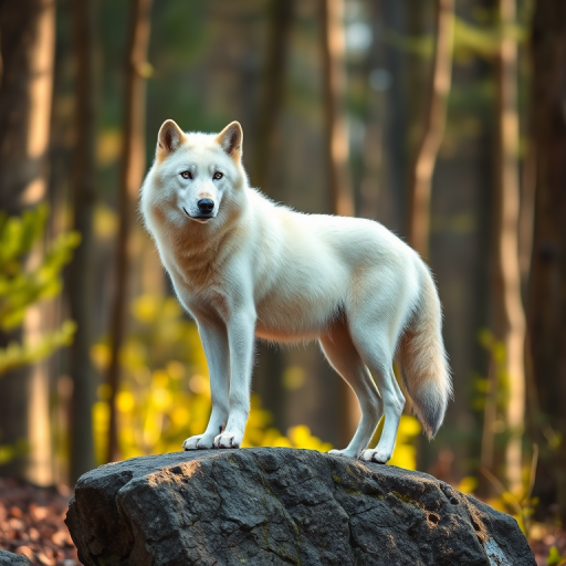 A white wolf standing on a rock in a forest setting, captured with a Canon EOS R5, 85mm lens, f/2.8 aperture, ISO 400, 1/250 sec, natural lighting, vibrant colors, shallow depth of field.