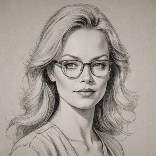 Attractive Charlotte Ross, pencil sketch, portrait of Wonderful woman 1980s in glasses, hair style beatnik, outline, clear lines, fine lines, 8k