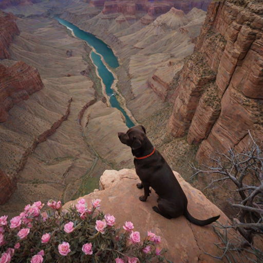dark and unsettling dream showing in Grand Canyon, USA, Overhead View, sage and brown Labrador Retriever is esthetic, captivating spring bloom on the background , avatar of elements. magical surrealism, wizardry. best quality, high resolution (embedding:dw01-3400:0.8) <lora:F_QuinnXL:0.8>