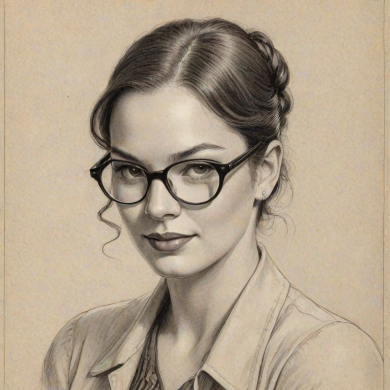 Comely Tammy Blanchard, pencil sketch, portrait of Resplendent woman 1924s in glasses, hair style beatnik, outline, clear lines, fine lines, 8k