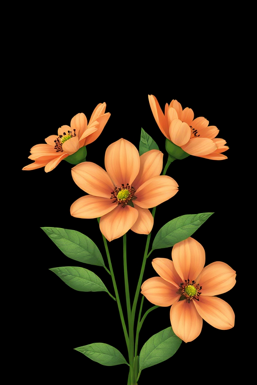 create an illustration of four stylized flowers with peach petals and green leaves on a black background, using a DSLR camera with a 50mm lens, aperture set to f/2.8, ISO 100, shallow depth of field, and vibrant color enhancement, capturing the floral arrangement from a slightly elevated angle for a more dynamic perspective
