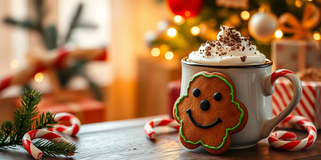 Create a cozy holiday scene featuring a gingerbread cookie with a smiling face and green icing details, placed next to a cup of hot cocoa topped with whipped cream and chocolate shavings. The background should have a softly lit Christmas tree adorned with ornaments and wrapped gifts, creating a warm, festive atmosphere. Include candy canes nearby for added holiday cheer.
