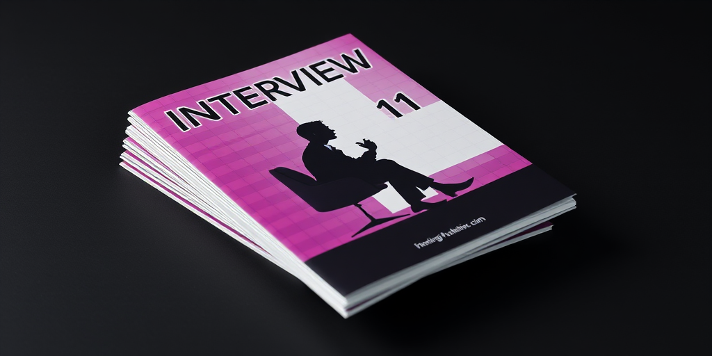 Create a high-resolution image of a stack of professional brochures titled "INTERVIEW 101" featuring a silhouette of a seated person in a thoughtful pose, with a vibrant purple and black grid background, captured with a DSLR camera at f/8 aperture, ISO 100, 24mm focal length, in a studio setting with softbox lighting for enhanced clarity and depth.