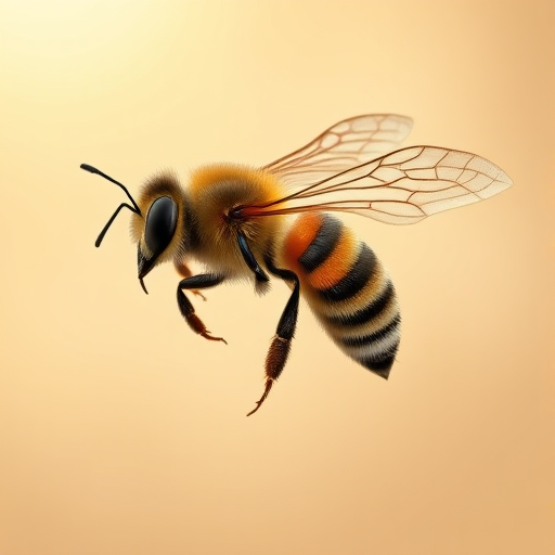 Create a detailed vector illustration of a bee with intricate wings against a soft gradient background, using a Canon EOS R5 camera, 50mm lens, f/1.8 aperture, ISO 100, and natural lighting for enhanced image quality.
