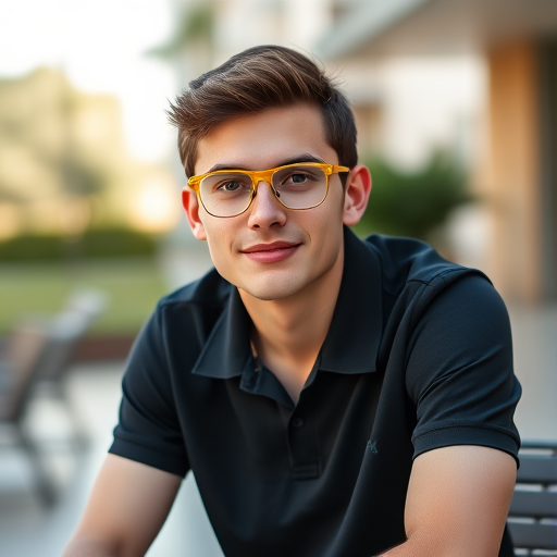 portrait of a young man sitting outdoors wearing a black polo shirt and yellow glasses shallow depth of field f/2.8 50mm lens ISO 100 1/200s soft natural lighting DSLR