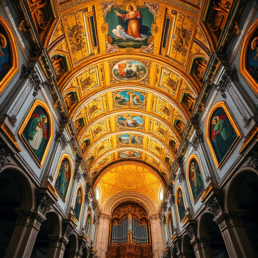 Regenerate the image of a grand church ceiling featuring ornate golden decorations and religious paintings, captured with a DSLR camera, 24mm lens, f/8 aperture, ISO 100, top-down view, natural lighting for enhanced clarity and detail.