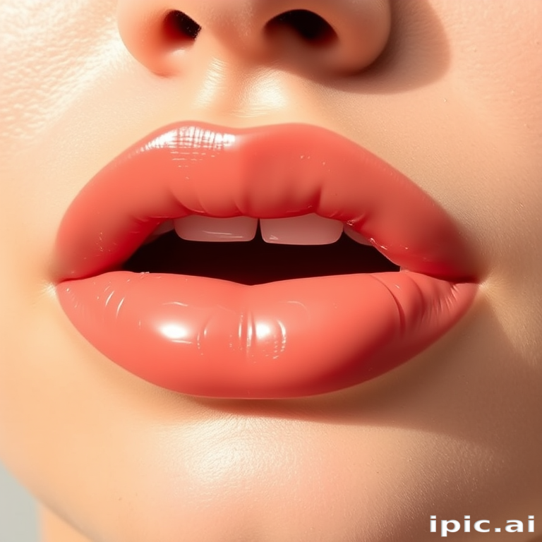 Glossy nude lips with a peachy undertone, known as "Bare Necessities," offer a natural, your-lips-but-better look with a hydrating formula