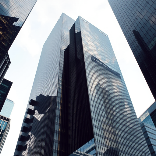 high-resolution image of modern skyscrapers with reflective black glass facades, taken from a low angle view, f/8 aperture, ISO 100, 24mm focal length, DSLR camera, natural daylight settings