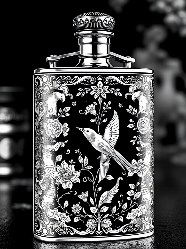 Create a highly detailed illustration of a vintage decorative flask, featuring intricate floral and bird engravings, styled in a classic black and white line art, captured in a close-up view with a 50mm lens at f/2.8 to ensure a shallow depth of field and sharp focus on the flask's details, using a digital camera for high-resolution clarity.