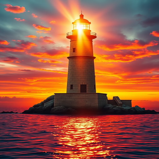 Generate an image of a tall lighthouse perched on a rocky outcrop surrounded by calm ocean waters during a breathtaking sunset. The lighthouse stands sturdy and weathered, its stone surface illuminated by the warm golden light of the setting sun. The sun's rays pass directly through the glass lantern room at the top of the lighthouse, casting a brilliant light across the scene. The sky is painted with vibrant shades of orange, pink, and purple, reflecting off the tranquil sea. The surrounding water shimmers with the same warm hues, creating a serene and majestic atmosphere.