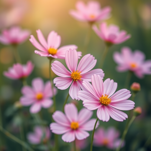 Generate a high-resolution image of pink cosmos flowers with soft focus, using a DSLR camera with a 50mm lens, aperture set to f/2.8, ISO 100, natural light, and a shallow depth of field.