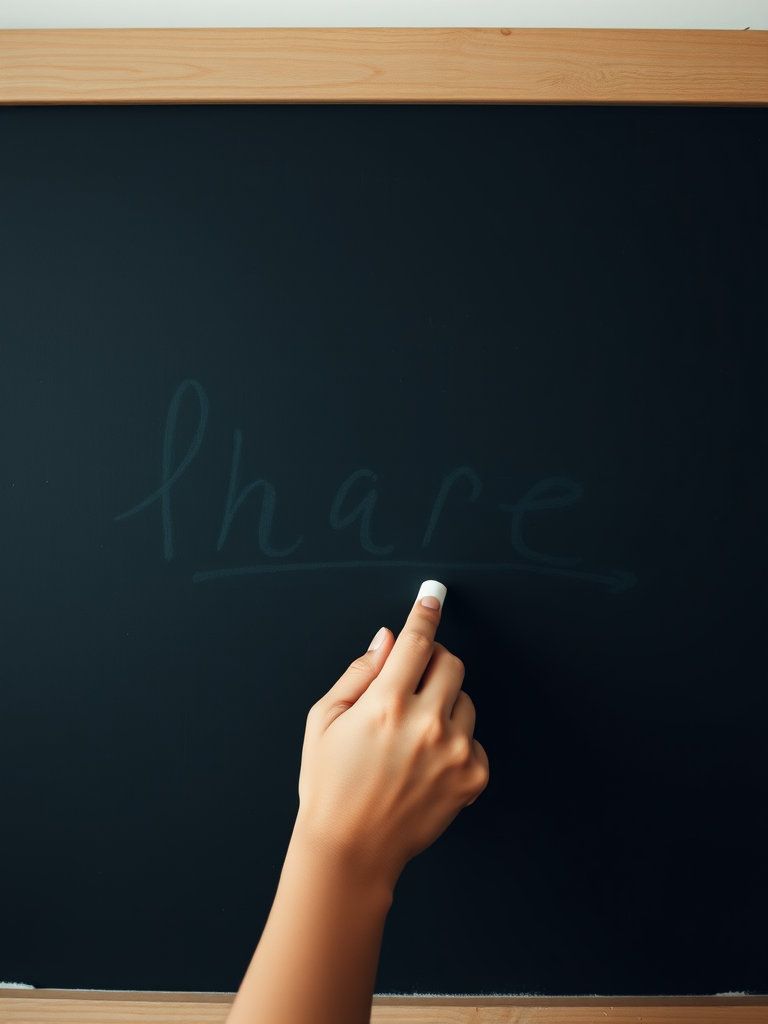 Close-up shot of a hand writing with chalk on a dark chalkboard, 50mm lens, f/2.8 aperture, ISO 100, natural light, mirrorless camera.