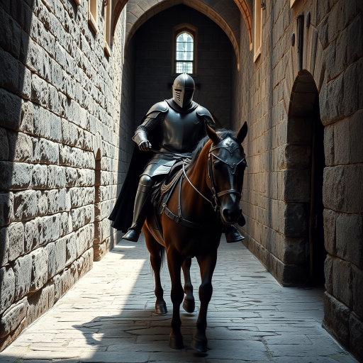 Regenerate an image of a knight in armor on horseback riding through a stone castle alley, shot with a Canon EOS 5D Mark IV, aperture f/8, shutter speed 1/250s, ISO 100, wide-angle lens, high dynamic range, natural lighting.