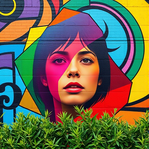 Regenerate the image of a colorful mural featuring a person's face partially obscured by vibrant translucent shapes and a background of swirling patterns, taken with a DSLR camera, 50mm lens, f/2.8 aperture, ISO 100, 1/200 sec shutter speed, natural lighting, and a slight angle to capture the greenery in the foreground.