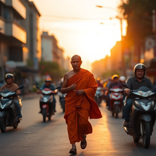 A monk in orange robes walking along a busy street with motorcycles, captured during the golden hour, using a Canon EOS R5 with a 50mm f/1.2 lens, aperture f/2.8, ISO 200, shutter speed 1/200s, shallow depth of field to blur the background.