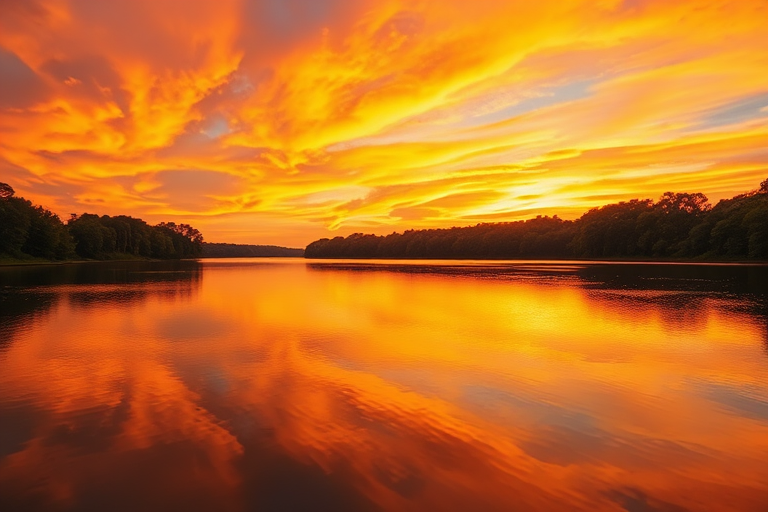 Create a vibrant landscape of a serene lake at sunset, incorporating rich orange and purple skies reflecting on the water, surrounded by lush green trees, shot with a Canon EOS R5 at f/8, ISO 100, 24mm, with a wide-angle view and golden hour lighting for enhanced detail and clarity.