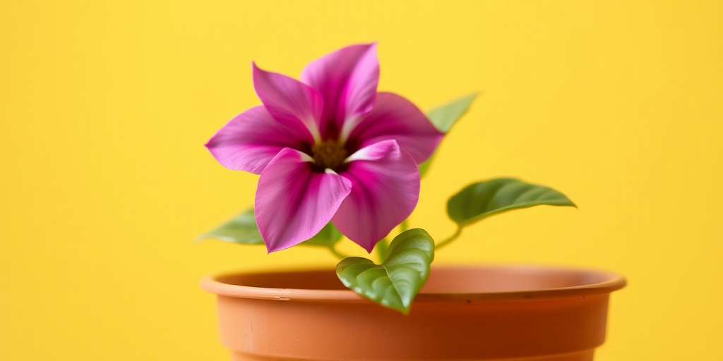 A simple flower pot with a pink flower and green leaves against a bright yellow background, captured with a DSLR camera, 50mm lens, aperture f/2.8, ISO 100, focused in a shallow depth of field for a soft background blur.