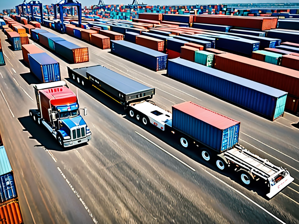 single cab terminal tractor pulling a container trailer in a ship yard