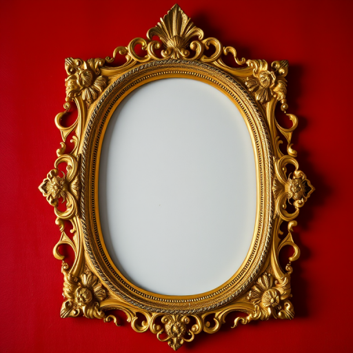 create a highly detailed vintage gold ornate picture frame set against a rich red background, captured with a Canon EOS R5, 50mm f/1.2 lens, aperture f/2.8, ISO 100, using natural soft lighting for enhanced texture and color saturation