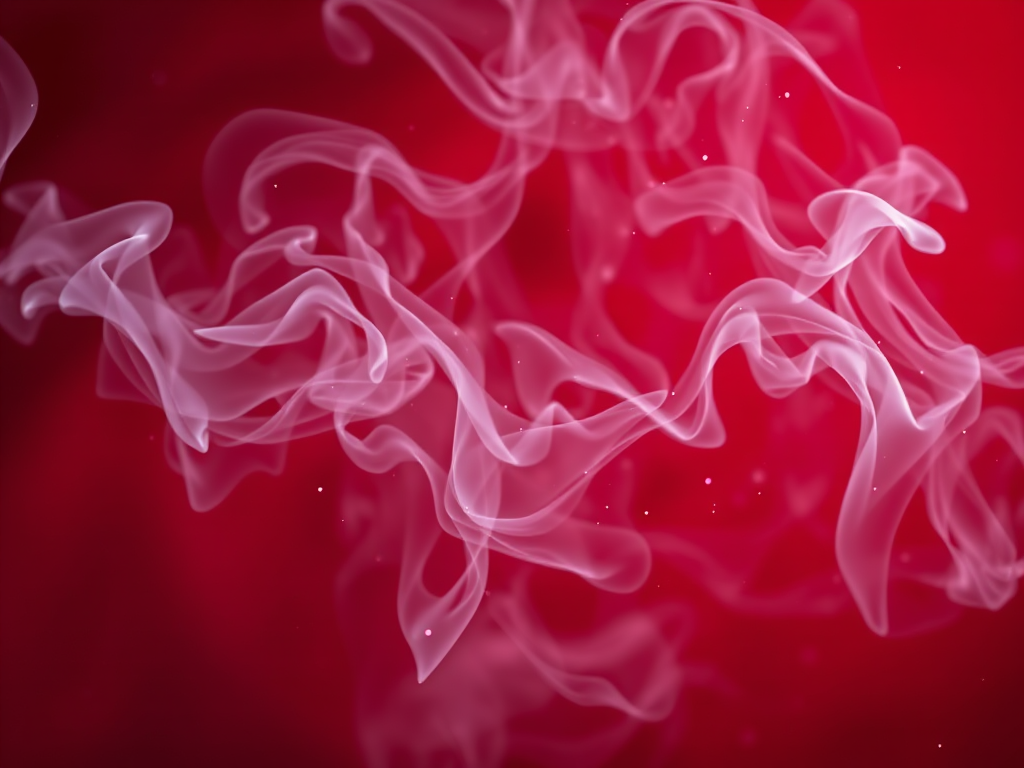 Create a high-resolution abstract image with a rich red background surrounded by swirling white smoke and glowing particles, using a 50mm lens, f/2.8 aperture, ISO 100, shot in low light with a DSLR camera from a frontal view, ensuring clarity and depth in the composition.