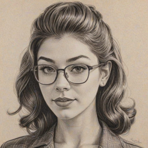 Attractive Kira Kosarin, pencil sketch, portrait of Radiant woman 1947s in glasses, hair style beatnik, outline, clear lines, fine lines, 8k
