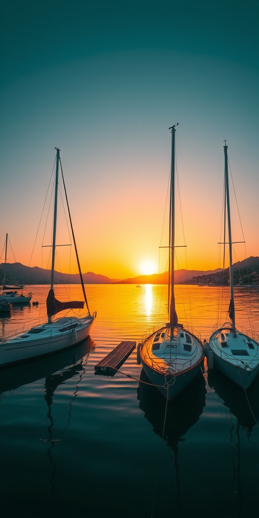 create an image of a tranquil harbor at sunset with three sailboats docked peacefully in the water surrounded by hills in the background, with soft golden light reflecting on the water, using a DSLR camera, aperture f/2.8, ISO 200, shutter speed 1/60 sec, shot from a low angle for depth and perspective, capturing warm colors and enhanced clarity.