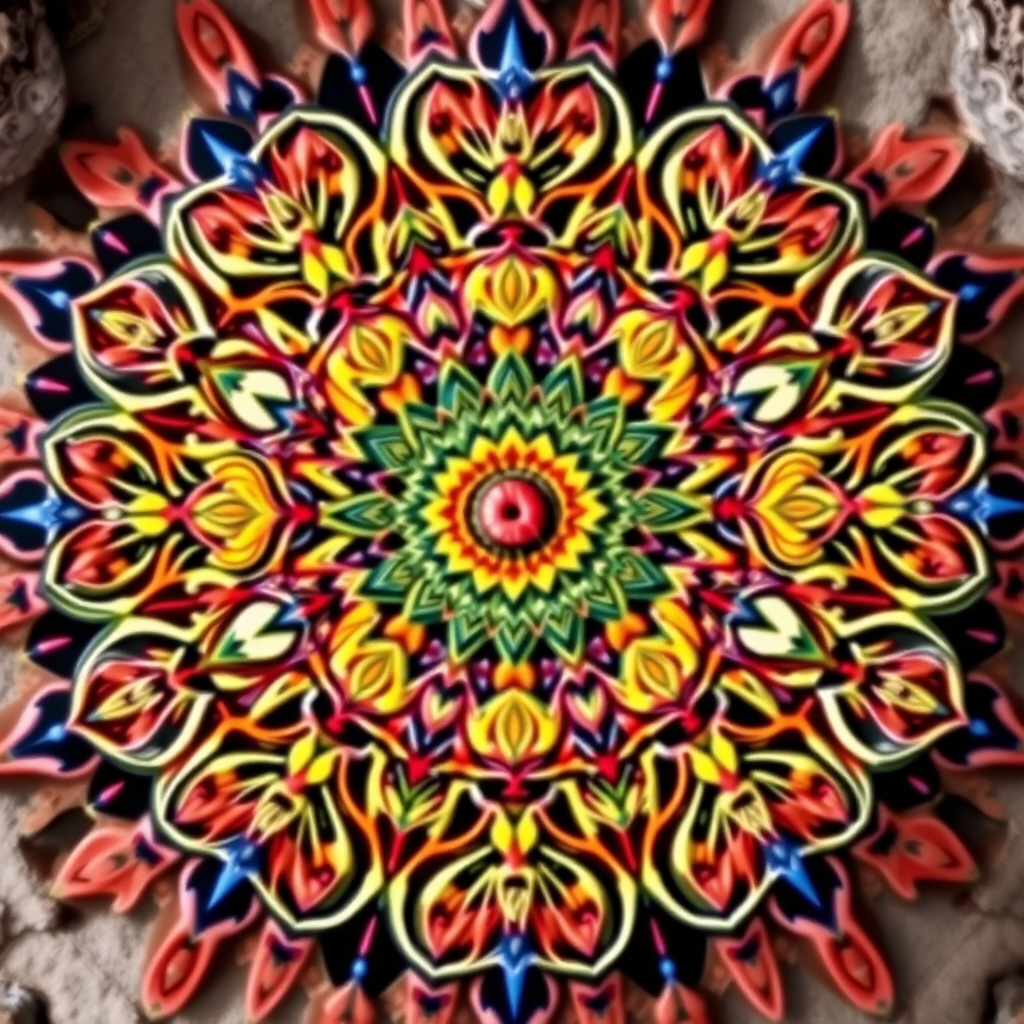 Create a high-resolution image of an intricate mandala with vibrant colors and fine details, shot with a DSLR camera at f/2.8 aperture, ISO 100, 50mm lens, top-down view, in natural light for enhanced clarity.