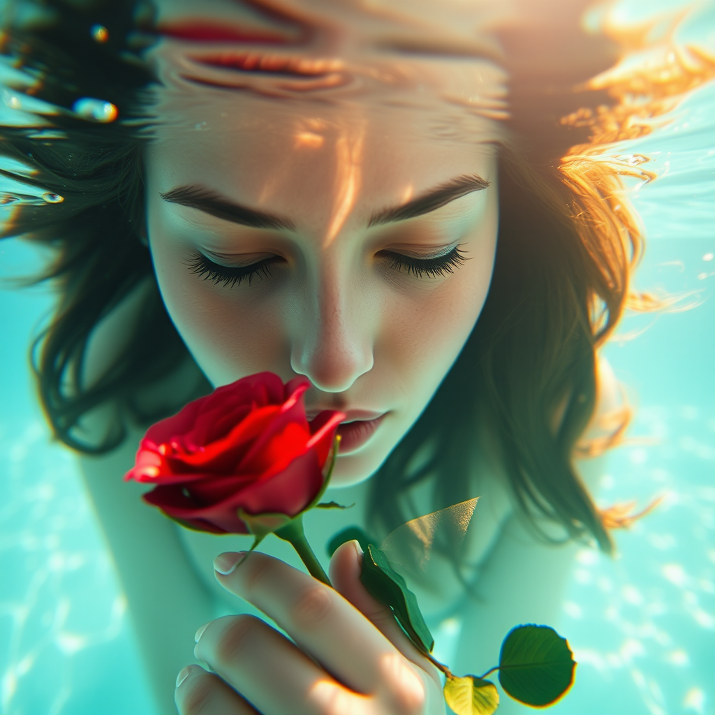 A woman underwater, gazing at a rose Her face is reflected in the water's surface The scene is illuminated by sunlight filtering through the water The atmosphere is serene and contemplative
