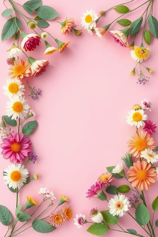 Create a floral frame design on a pink background, featuring various flowers and leaves in a playful arrangement, captured with a DSLR camera at f/2.8 aperture, 50mm lens, ISO 100, natural lighting, top-down view, with a soft focus effect for added depth and clarity.