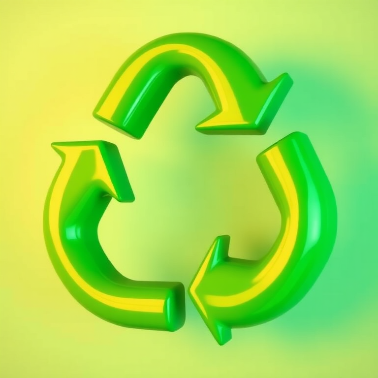 Create an image of a green recycling symbol in a 3D style, focusing on a glossy finish and vibrant color, using a Canon EOS R camera with a 50mm lens, f/2.8 aperture, ISO 100, and a slight tilt for a dynamic perspective.
