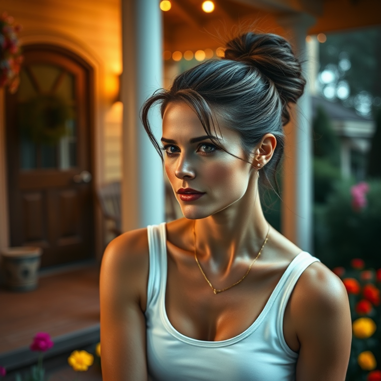 A photo of Charlize Theron with a background of a cozy porch. She has dark hair pulled back in an updo, with tendrils framing her face. She wears a white tank top and sits on the porch. The porch is part of a well-lit home with a warm, earthy tone and colorful flowers and foliage. The overall scene has a warm, welcoming, and comfortable ambiance.