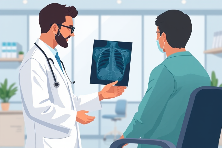 a doctor showing an x-ray to a patient in a modern clinic, flat design style, high detail, 35mm lens, aperture f/2.8, ISO 100, soft lighting, focus on characters, minimal background noise