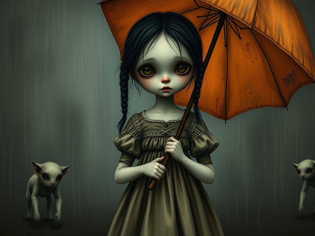 An eerie, weird little girl with dark hair in thin pigtails, wearing a smock dress, standing in the rain, holding a dirty orange umbrella, a small, odd creature beside her. In a surreal style inspired by Nicoletta Ceccoli and Brian Froud. Dark fantasy themes