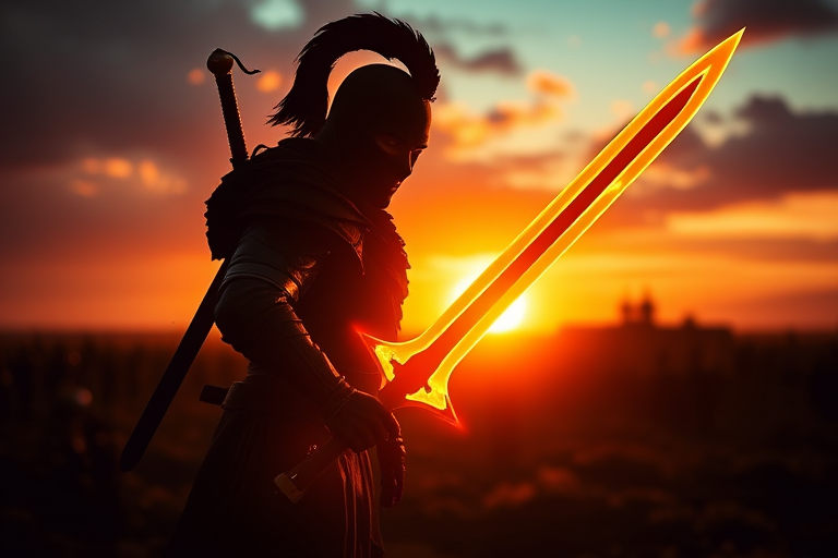 Create a fantasy warrior scene at sunset, featuring a silhouette of a warrior holding a glowing sword, with a blurred battlefield in the background, use a Canon EOS R5, 50mm lens, f/1.8 aperture, ISO 100, shutter speed 1/200s, with dramatic lighting and rich colors to enhance the fiery glow of the sword.