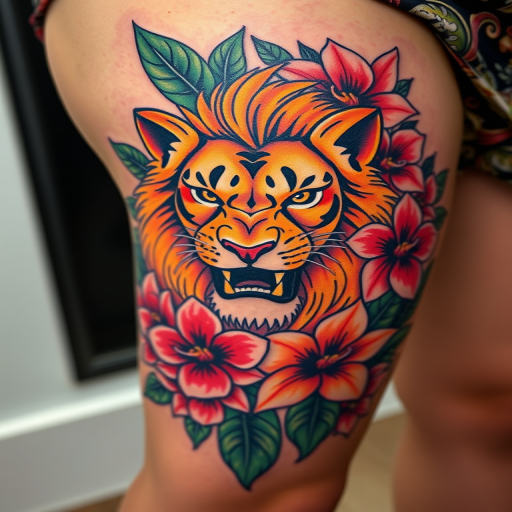 Neo-traditional tattoo of a fierce lioness surrounded by vibrant tropical flowers on the thigh, bold outlines and rich, saturated colors creating a striking contrast