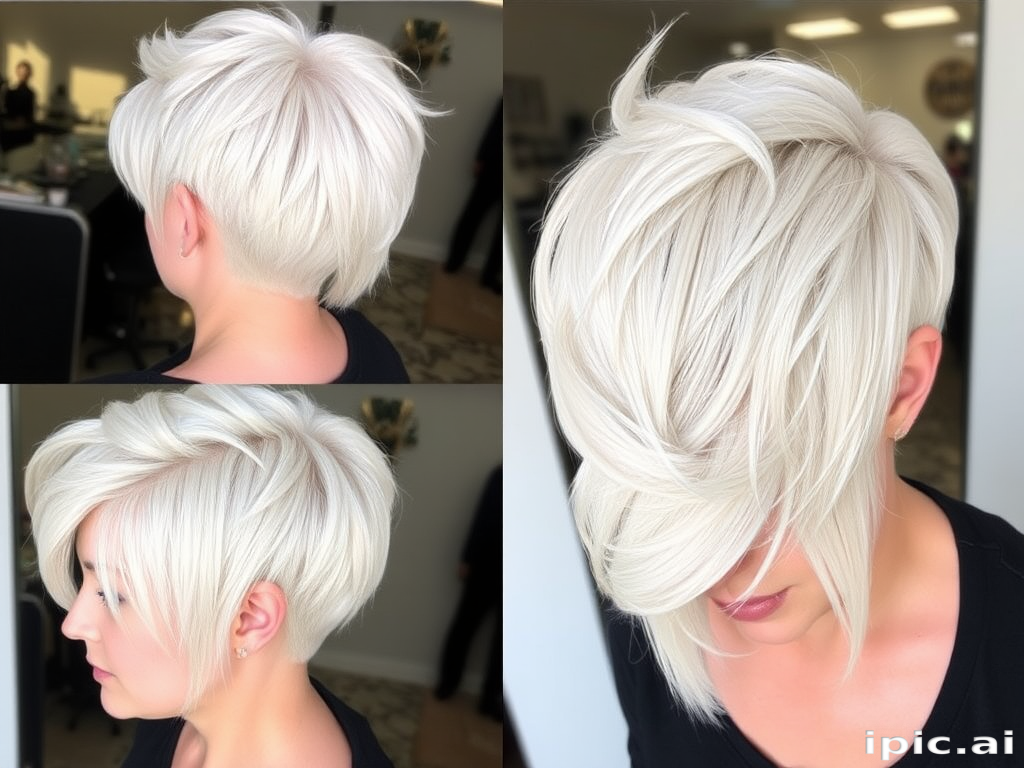 Stunning platinum blonde pixie cut with textured layers, showcasing a daring asymmetrical design and soft, feathered edges, exuding modern elegance and effortless style