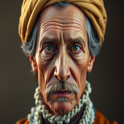 Create a portrait of a historical figure with realistic textures and vibrant colors, using a Canon EOS R5, 50mm lens, f/1.8 aperture, ISO 100, with soft lighting and a gradient background for depth.