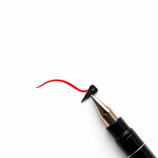 Create a minimalist design featuring a stylized pen nib with a flowing red ink line, using a Canon EOS 5D Mark IV, f/8 aperture, ISO 200, 50mm lens, and a top-down view to enhance clarity and contrast.