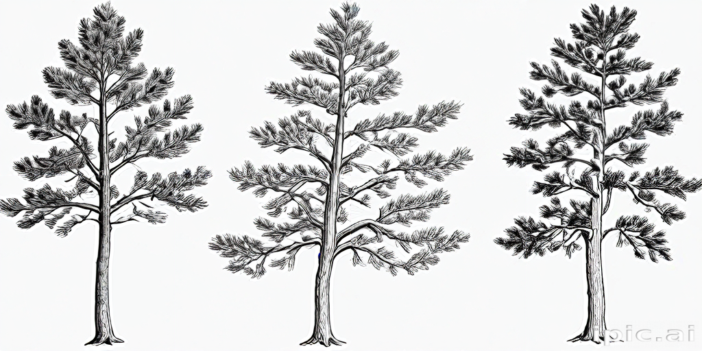 Three Distinct Pine Trees Showcasing Unique Shapes and Detailed Branch ...
