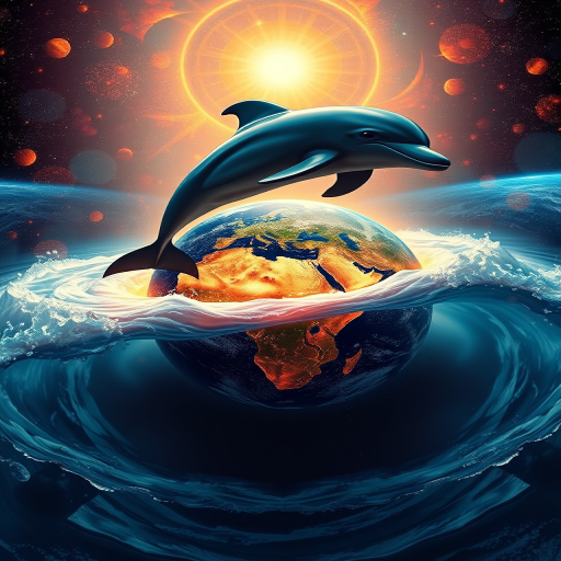dolphin leaping above a glowing Earth surrounded by swirling water and cosmic elements, high dynamic range, 50mm lens, f/1.8 aperture, ISO 100, wide-angle view, digital art style, captured with a mirrorless camera