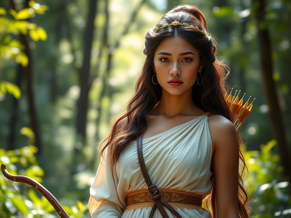 Create a portrait of a goddess-like Maori girl figure in a tranquil, forested environment. She has an elegant appearance with long, wavy hair styled in an updo and adorned with a delicate, floral headband. She wears a flowing, ancient Greek-inspired gown in a soft, pale color, featuring a one-shoulder design and draped fabric that accentuates her graceful form. The outfit includes a decorative belt with ornate gold detailing, and she holds a bow in her hand, with a quiver of arrows slung over her shoulder. The background depicts lush greenery, with sunlight filtering through the trees, casting a gentle, ethereal light on the scene. Her expression is calm and contemplative, embodying a sense of wisdom and serenity.