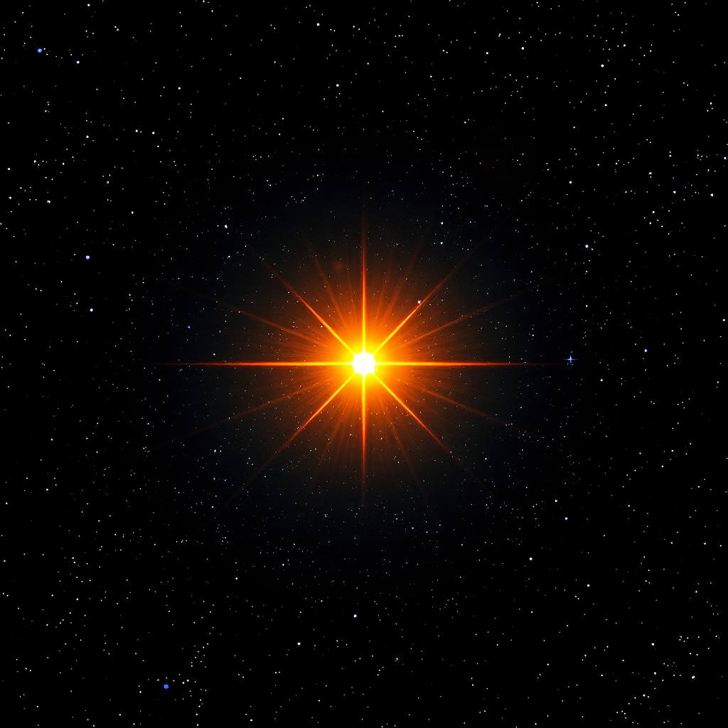 Create a vibrant cosmic scene with a glowing orange star at the center, surrounded by a dark starry background, captured using a DSLR camera at f/2.8 aperture, ISO 200, 24mm wide-angle lens, and a long exposure of 10 seconds to enhance the brightness and clarity.